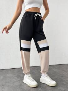 SHEIN Cottnline Women's Color Block Drawstring Waist Cuffed Jogger Pants - Beige - View 4