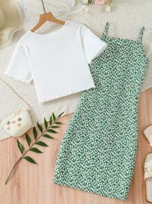 SHEIN Teen Girl's Cami Floral Dress With Front Tie Top Two Pieces Set