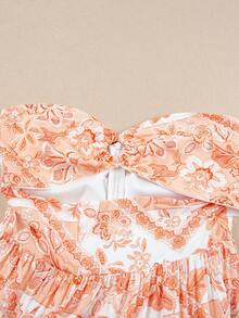 印花前扭結鏤空荷葉邊抹胸連衣裙 - 彩色 - 查看 6