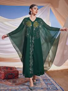 Al Najma Women's Sparkling Rhinestone Batwing Sleeve Arabic Style Kaftan Dress, Evening Loose Dress, Elegant Evening Party Dress