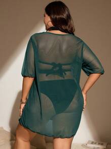 Swim Basics 夏季沙灘加大尺碼女士輕透網紗分裂式長袍裙 - 軍綠色 - 查看 2