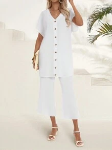 EMERY ROSE Damen Einfarbiges Set mit Fledermausärmeln und Hose, zweiteiliges Sommer-Outfit - Weiss - Übersicht 4