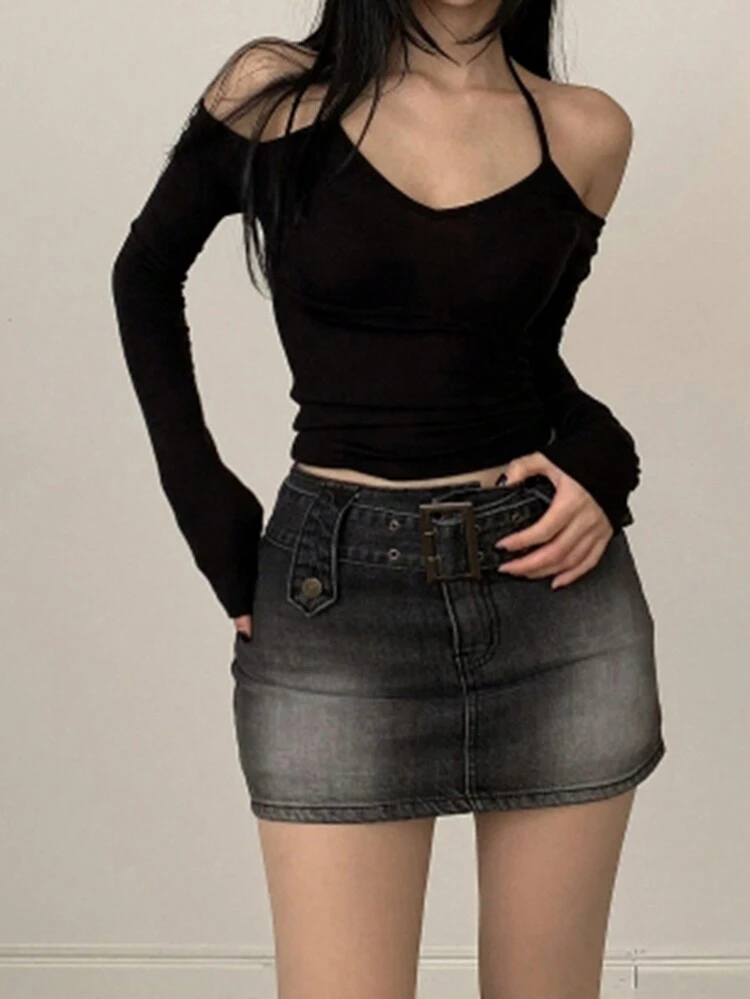 Women's Solid Color Open Shoulder Long Sleeve T-Shirt With Pleats Summer,Fall Women Clothes