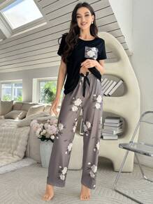 SHEIN Women'S Contrast Color Floral Print Short Sleeve Pants Pajama Set - Black - View 4