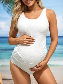 SHEIN Maternity Solid Color Textured Tankini Set, Maternity Bathing Suit Summer - White - View 1