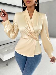 Zolique Solid Twist Lantern Sleeve Wrap Elegant Blouse - Apricot - View 4