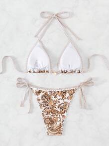 SHEIN Swim 夏季海滩女士植物印花挂脖比基尼套装 - 彩色 - 查看 2
