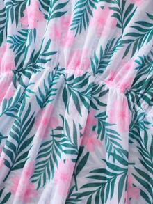 Tween Girls' Oversized Plant & Flower Printed Ruffle Trim Cover Up - Green - View 5