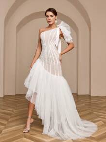 SHEIN Belle One Shoulder Asymmetrical Hem Tulle Wedding Dress - White - View 5