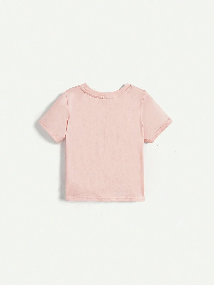 Baby Girl Letter Print Round Neck Short Sleeve T-Shirt With Solid Color Shorts 2pcs/Set Matching Set