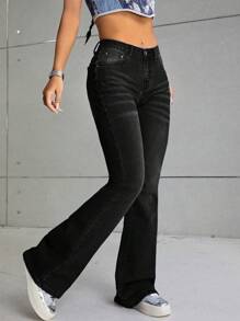 SHEIN ICON Solid Flare Leg Jeans - Black - View 6