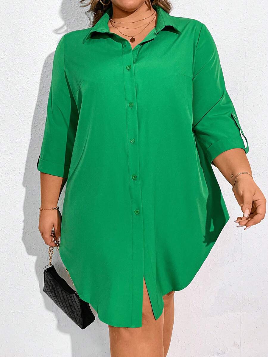 SHEIN CURVE+ 大尺碼純色鈕扣卷袖襯衫連身裙 - 綠色 - 查看 1