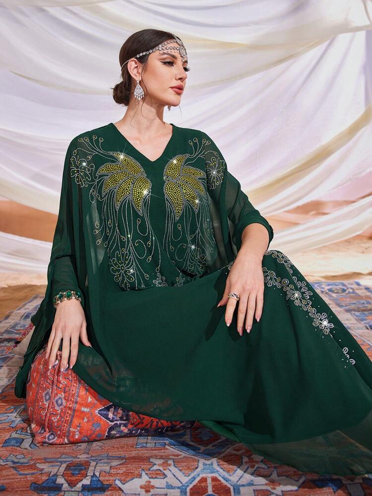 Women's Sparkling Rhinestone Batwing Sleeve Arabic Style Kaftan Dress, Evening Loose Dress, Elegant Evening Party Dress