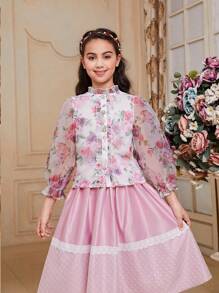 SHEIN Tween Girl Loose Fit Cute Floral Print Back Bowknot Shirt - Hot Pink - View 4