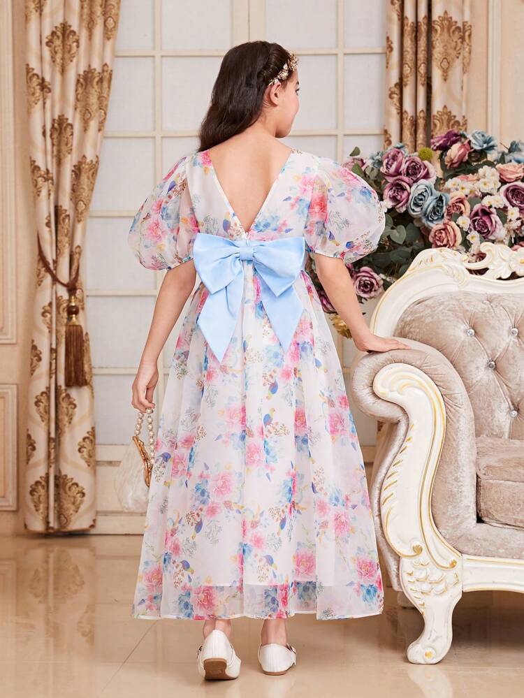 Puff Sleeve Round Neck Bowknot Back Dress For Tween Girls