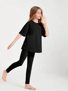SHEIN Tween Girl Cotton Drop Shoulder Top & Leggings Set - Black - View 5