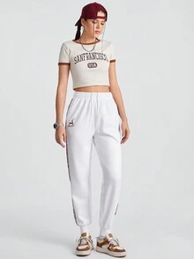 Streetz SHEIN Sport 女用側條紋編織帶拼布慢跑褲 - 白色 - 查看 3