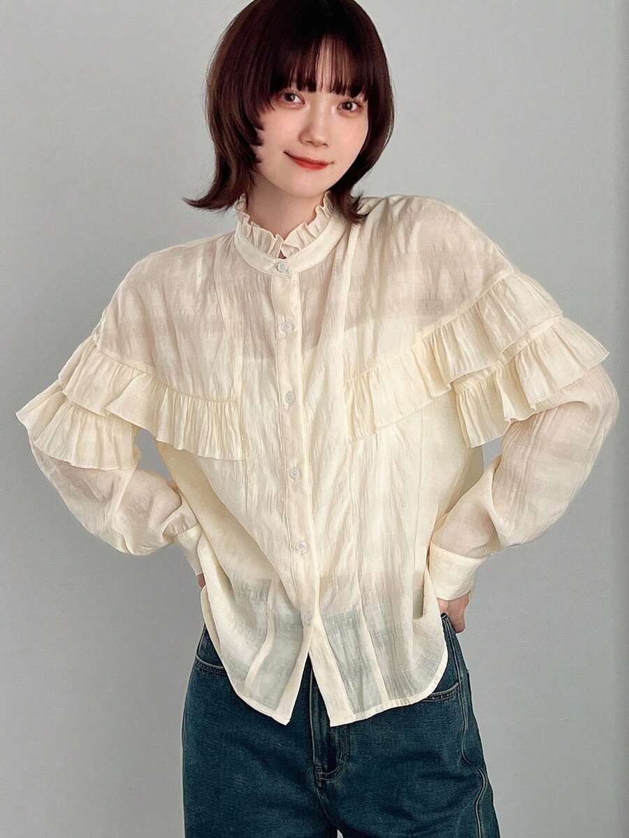 FRIFUL 女式纯色荷叶边下摆长袖衬衫 - 杏色 - 查看 1