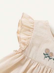 Cozy Pixies Baby Girl Floral Embroidery Round Neck Dress With Ruffle Trim And Waist Tie - Apricot - View 4