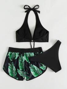 SHEIN Swim 3packs Leaf Print Bikini & Swim Shorts,Summer Beach - Dark Green - View 2