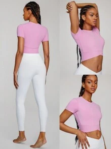 GLOWMODE FeatherFit™ Crossover Hem Studio Cropped Tee Light Support Low Impact Yoga Pilates Studio - Pink - View 6