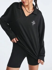 SHEIN Street Sport Women's Star Print Turn-Down Collar Sports Sweatshirt - Black - View 1