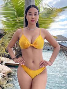 SHEIN X SAMADHI SHEIN Swim 女士實色夏季無線比基尼套裝 - 黃色 - 查看 3