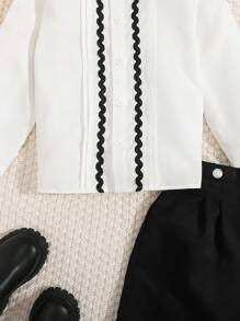 SHEIN Young Boys' Matching Colorful Edged Shirt And Shorts Set, Gentleman Style