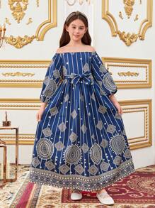 SHEIN Wunderschönes Geometrisches Muster-kleid Mit Off-shoulder-design Für Tween Mädchen - Blau - Übersicht 2