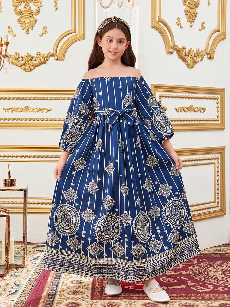 Tween Girl's Gorgeous Off Shoulder Geometric Pattern Dress