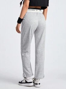 Street Sport Women's Letter Print Drawstring Joggers With Cuffed Hem - Grey - View 2