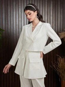 Modelyn 女性實色翻領雙排扣西裝外套 - 白色 - 查看 5
