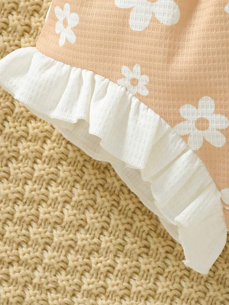 Baby Girl Floral Printed Cami Bodysuit With Shorts & Headband Set For Home Wear
