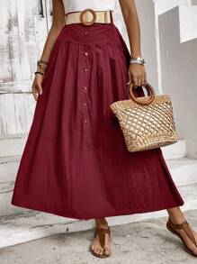 SHEIN VCAY 女士褶皺長裙 - 紅木色 - 查看 1