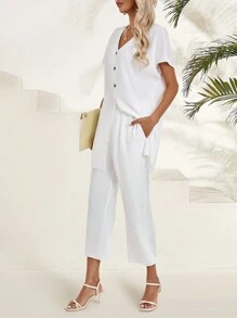 EMERY ROSE Damen Einfarbiges Set mit Fledermausärmeln und Hose, zweiteiliges Sommer-Outfit - Weiss - Übersicht 6