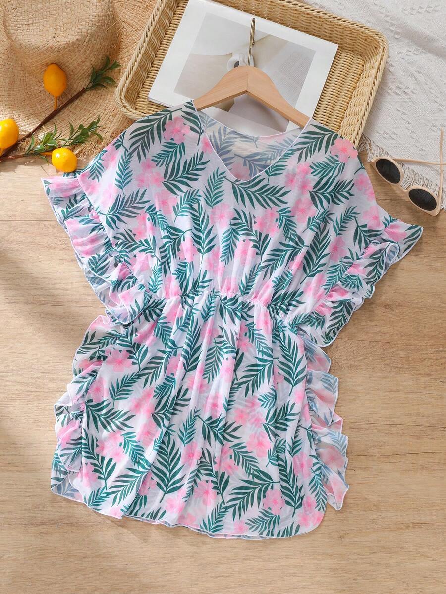 Tween Girls' Oversized Plant & Flower Printed Ruffle Trim Cover Up - Green - View 1