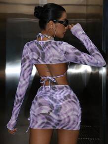 SHEIN Swim Event Bộ bikini in họa tiết chấm bi & cà vạt nhuộm màu bãi biển mùa hè dành cho nữ - Màu tím - Xem 2