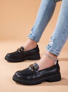 BALTEOP 2024 New British Style Women's Black Slip-On Flat Shoes With Metal Buckle & Leather Splicing