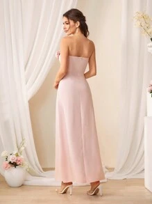 SHEIN Belle Strapless Pleated Dress With Flower Decorations, Romantic Bridesmaid Gowns - Baby Pink - View 2