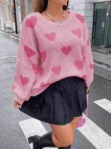 Flirla Kích thước lớn Lỏng lẻo Áo len Với Hình trái tim Và Thả vai Thiết kế - Hồng - Xem 6