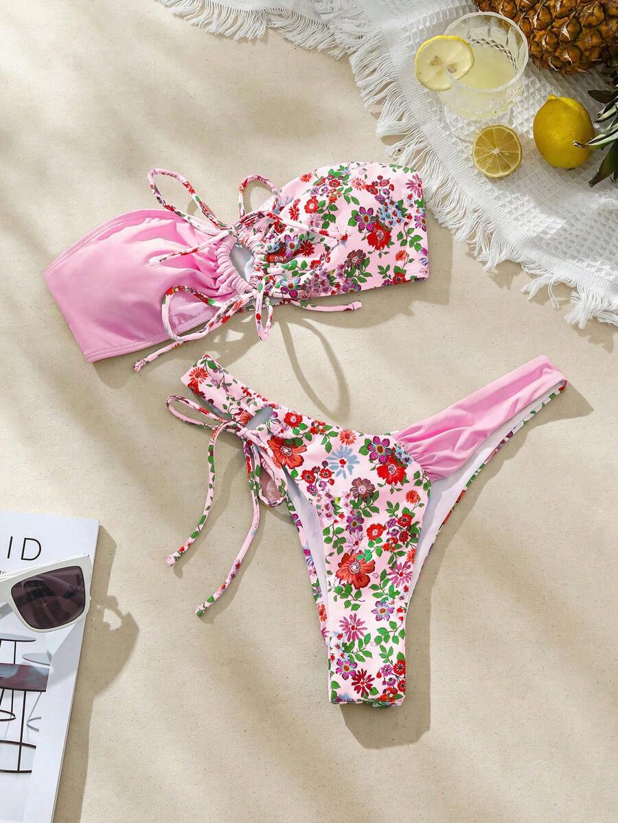 Swim Mod Summer Beach Women's Floral Printed Strapless Swimwear Set With Drawstring Detail - Multicolor - View 1