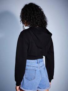 Forever 21 Của phụ nữ Người Mỹ Retro áo có mũ In bướm Tay áo dài Dây kéo Ngắn Áo nỉ - màu đen - Xem 2