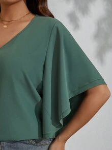 SHEIN LUNE Kích thước lớn Màu thuần Cổ chữ V áo tay bướm Áo sơ mi - Màu xanh Ô liu - Xem 6