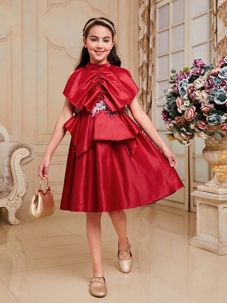 Tween Girls' Stand Collar Sleeveless Satin Layered Dress With Ruffle Hem Decoration
