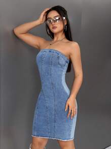 SHEIN ICON Vestido De Mezclilla Ajustado Sin Tirantes Con Contraste De Color Y Cierre De Cremallera En La Parte Posterior Para Mujeres