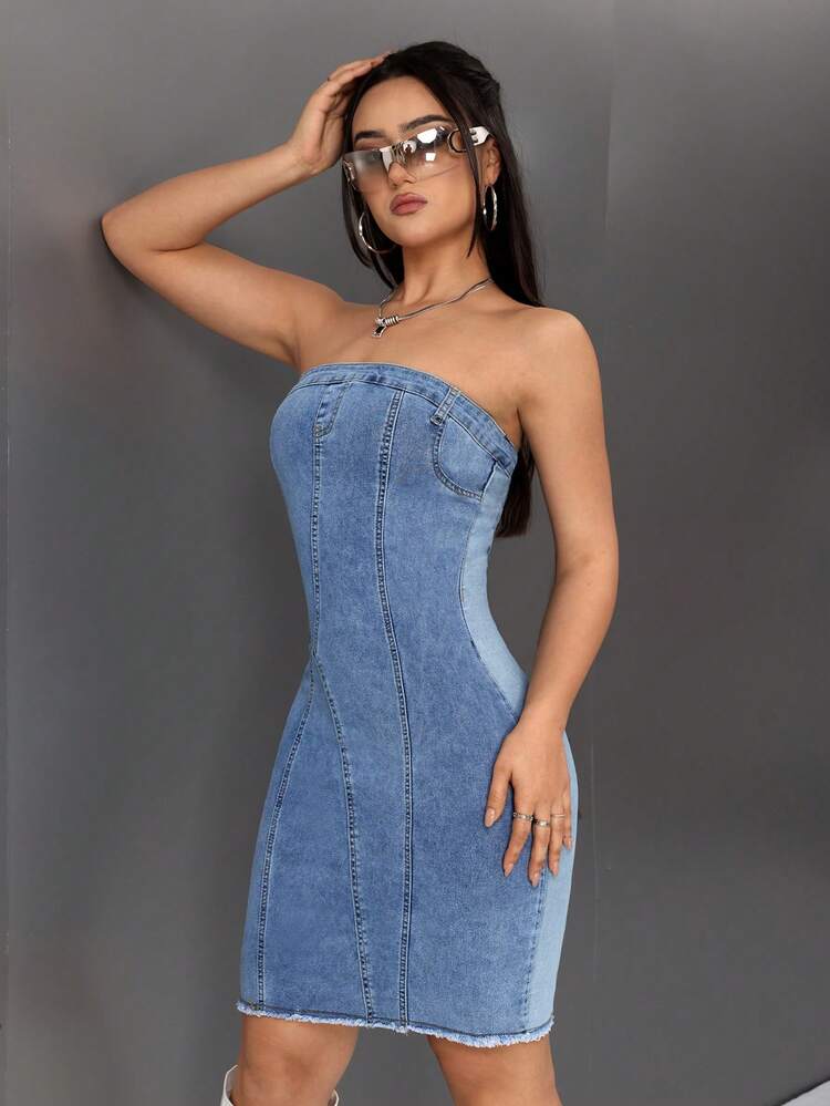 Women's Color Contrast Zip Back Bodycon Strapless Denim Dress