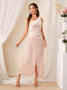 SHEIN Belle Satin One Shouldered Ruched, Slit Bridesmaid Dress - Pink - View 4