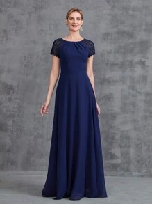 圆领撞色蕾丝短袖新娘妈妈礼服 - 藏蓝色 - 查看 4