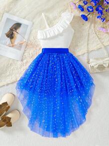 SHEIN 年轻女孩斜肩无袖上衣，荷叶边下摆和不对称网眼芭蕾裙，亮片装饰两件套 - 彩色 - 查看 2