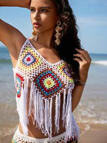 Swim Vcay Couvre-maillot de bain côtelé à motif géométrique coloré avec franges, pour les vacances d'été à la plage